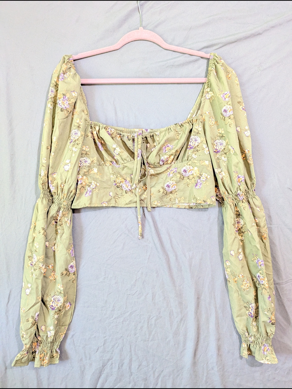 Floral Sage Green Puff Sleeve Crop Top